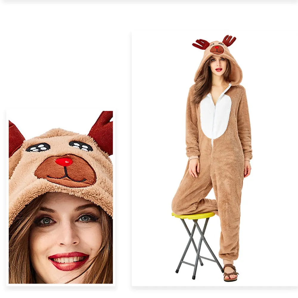 Adult Reindeer Onesie Pajamas Women's Christmas Deer Costume Animal Fleece Sleepwear Jumpsuit