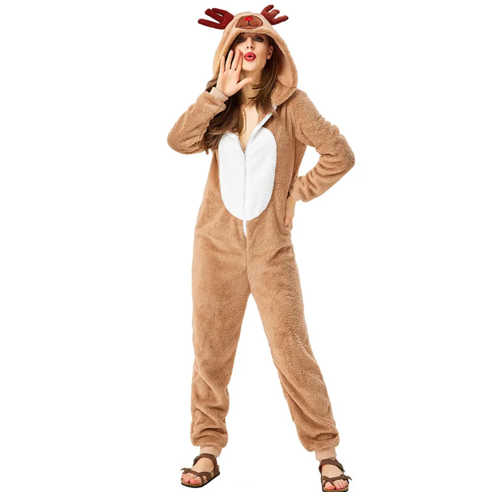 Adult Reindeer Onesie Pajamas Women's Christmas Deer Costume Animal Fleece Sleepwear Jumpsuit