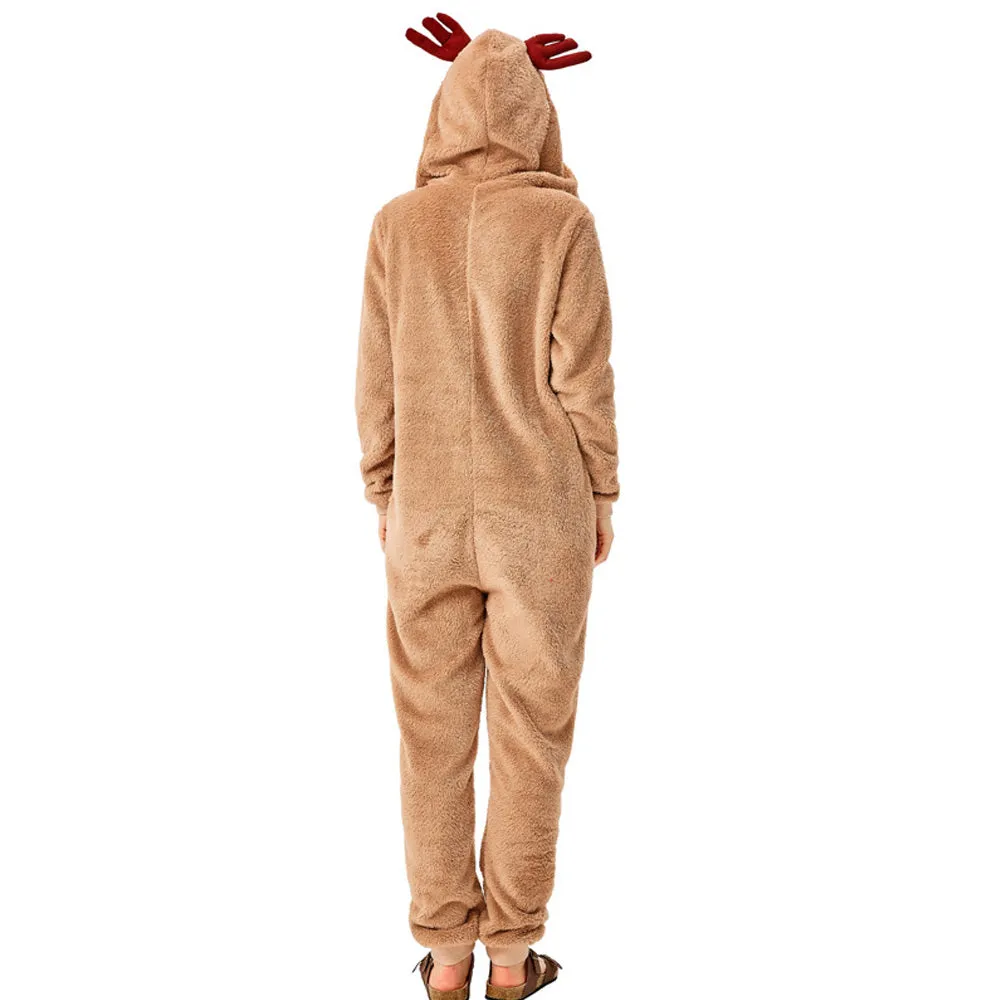 Adult Reindeer Onesie Pajamas Women's Christmas Deer Costume Animal Fleece Sleepwear Jumpsuit