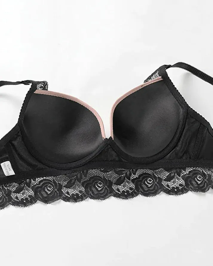 Black Skin Hollow Out Sexy Push Up - Bra Set