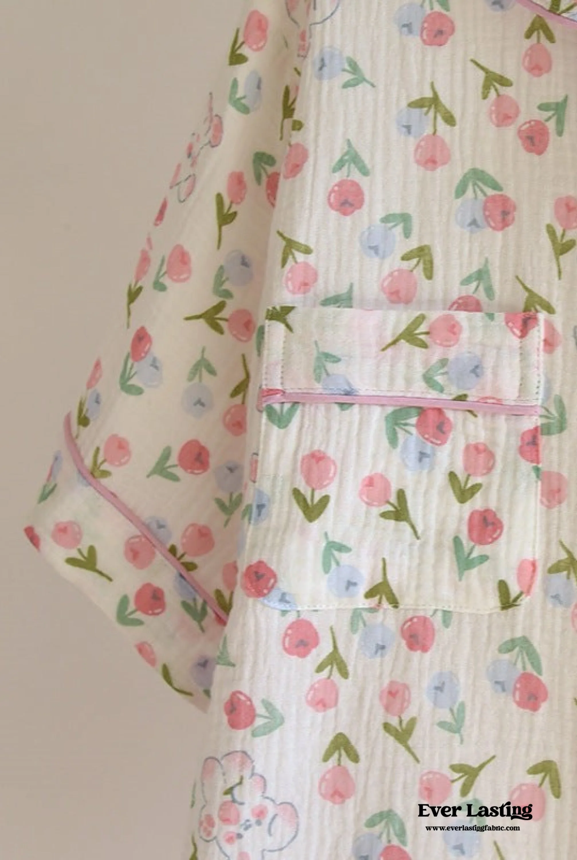 Floral Garden Short Sleeves and Pants Cotton Pajama Set / White