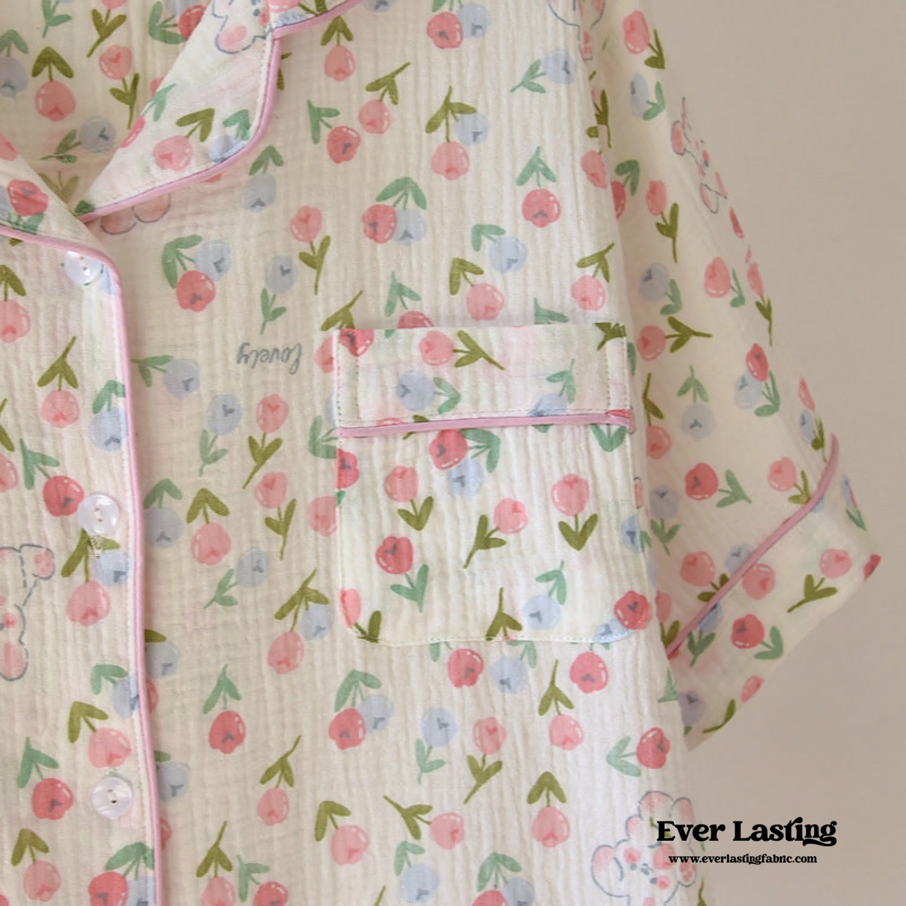 Floral Garden Short Sleeves and Pants Cotton Pajama Set / White
