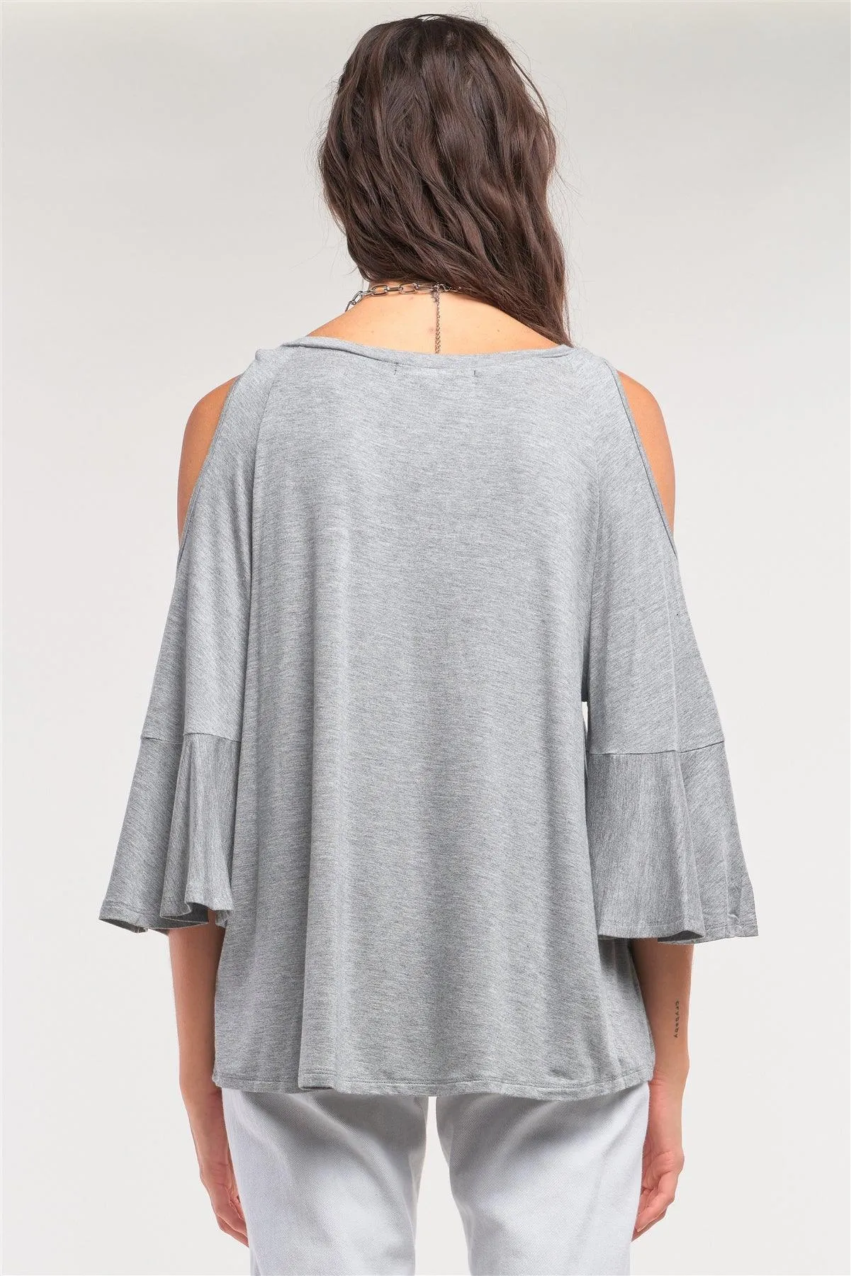 Grey Cut-Out Shoulder Midi Sleeve Relaxed Fit Crew Neck Top /1-2-2-1