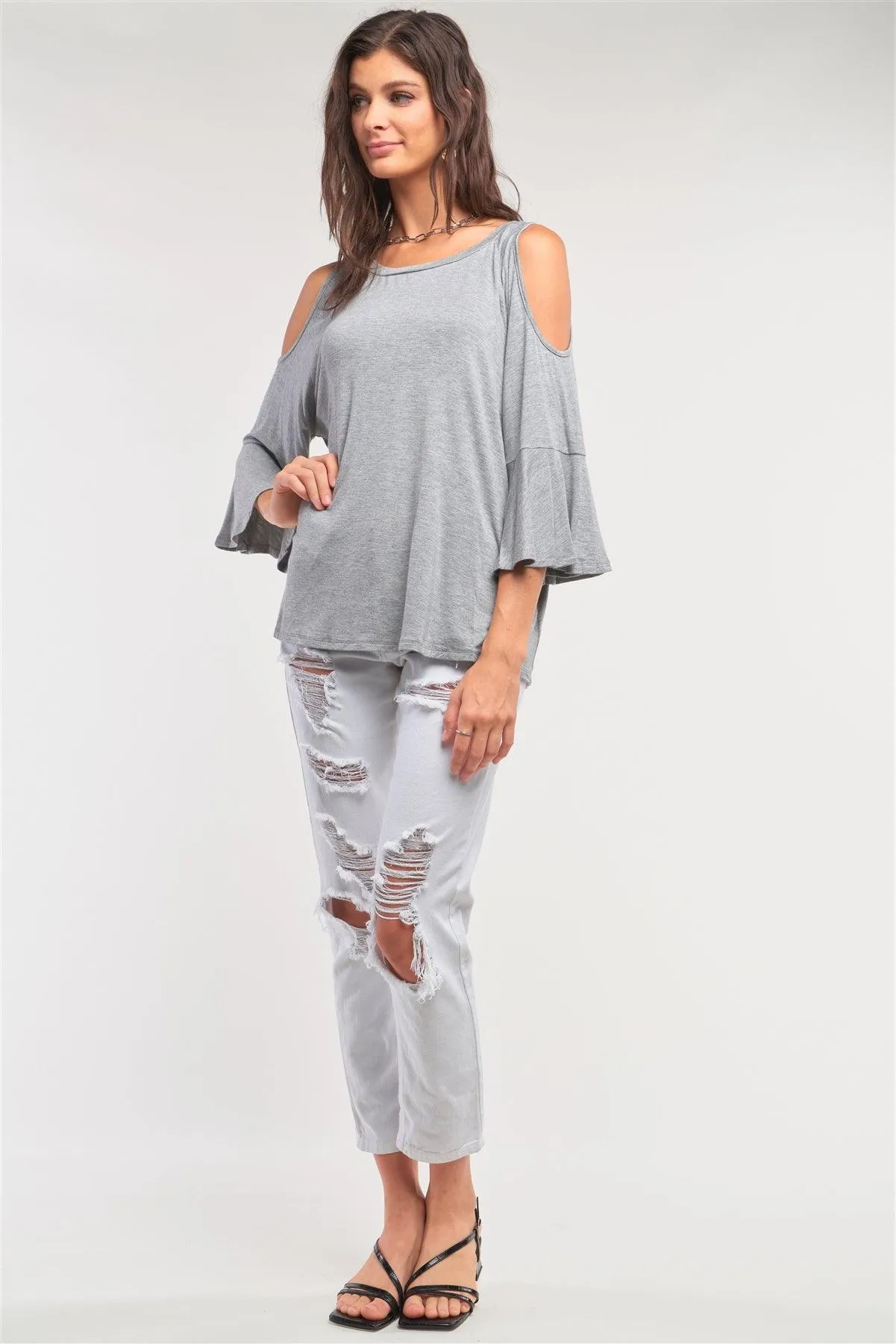 Grey Cut-Out Shoulder Midi Sleeve Relaxed Fit Crew Neck Top /1-2-2-1