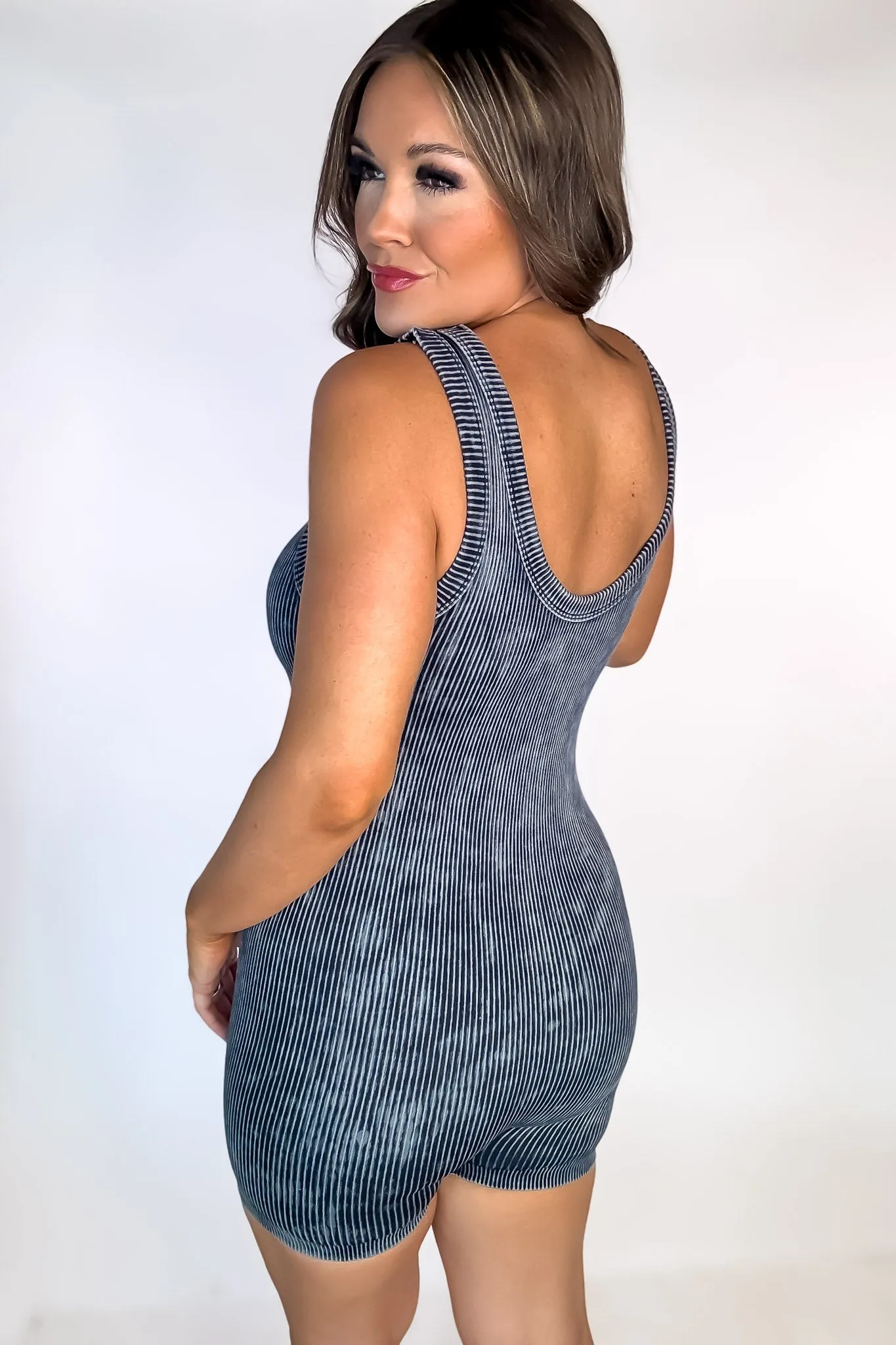 Jennifer Ash Black Stone Washed Ribbed Seamless Sports Romper