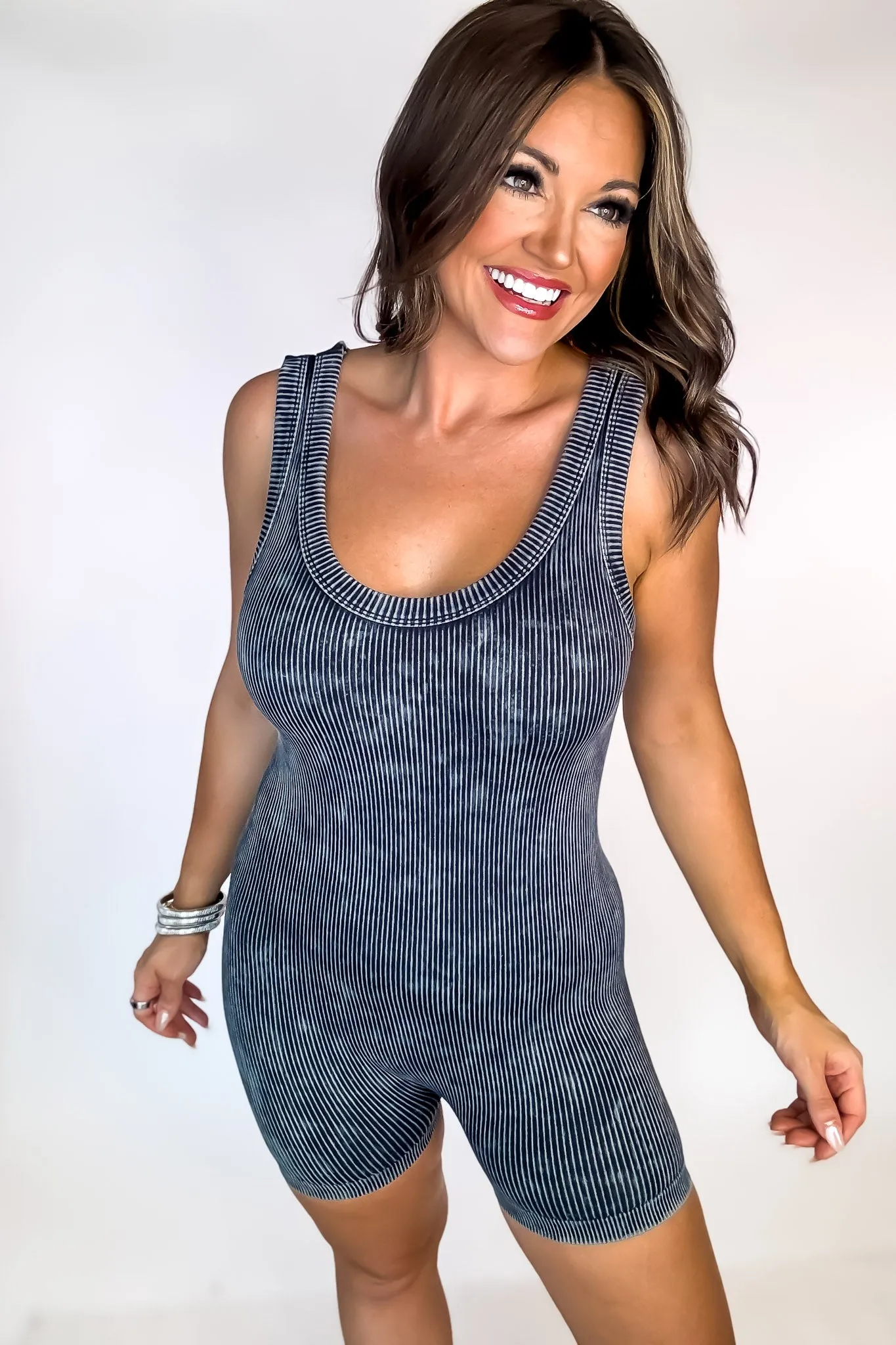 Jennifer Ash Black Stone Washed Ribbed Seamless Sports Romper