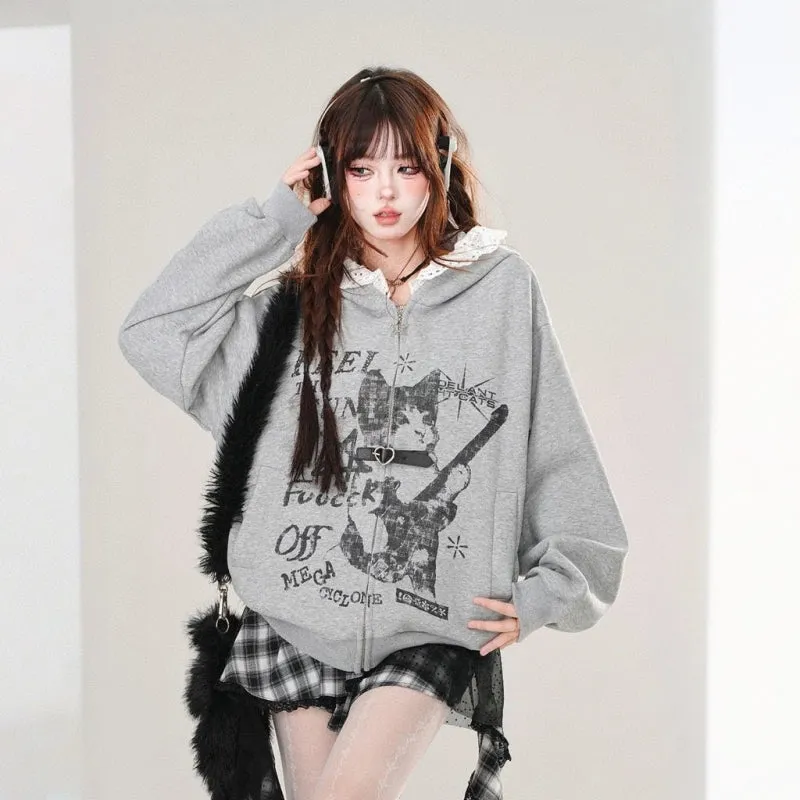 Korean Style Gray Cartoon Cat Hooded Sweatshirt