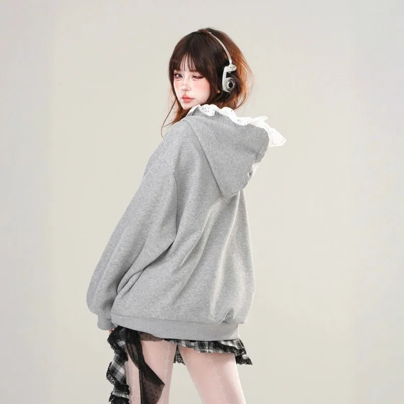Korean Style Gray Cartoon Cat Hooded Sweatshirt