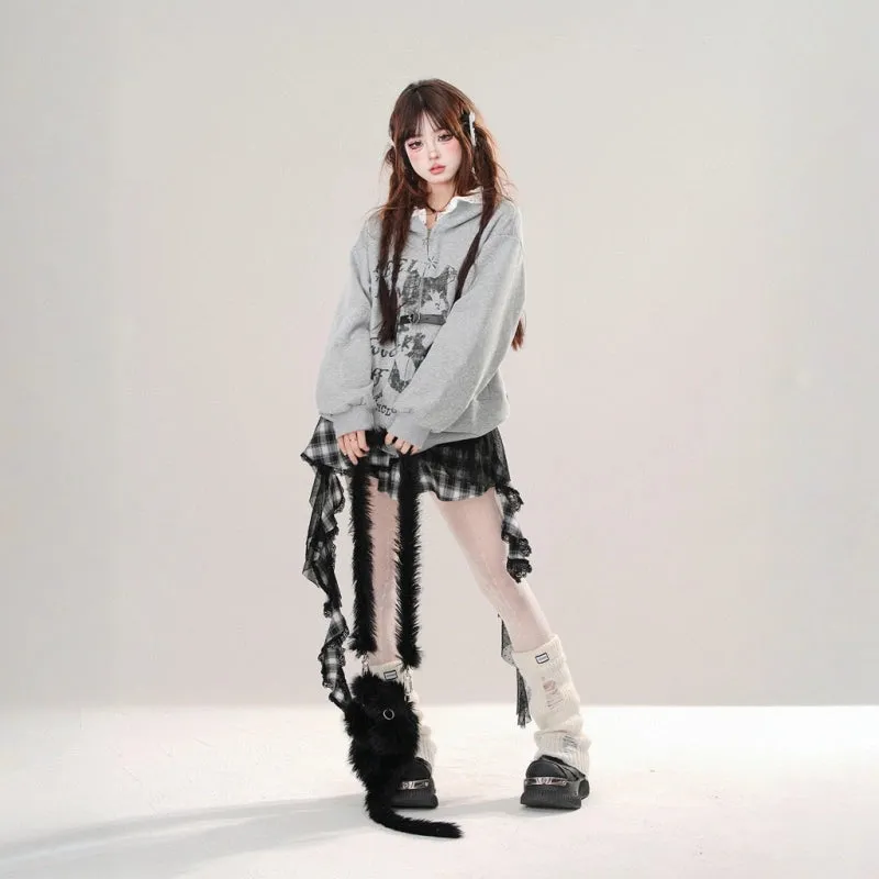 Korean Style Gray Cartoon Cat Hooded Sweatshirt