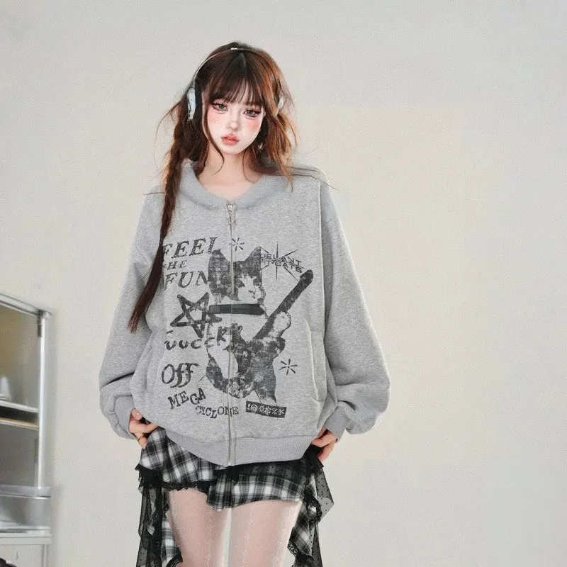 Korean Style Gray Cartoon Cat Hooded Sweatshirt