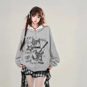 Korean Style Gray Cartoon Cat Hooded Sweatshirt