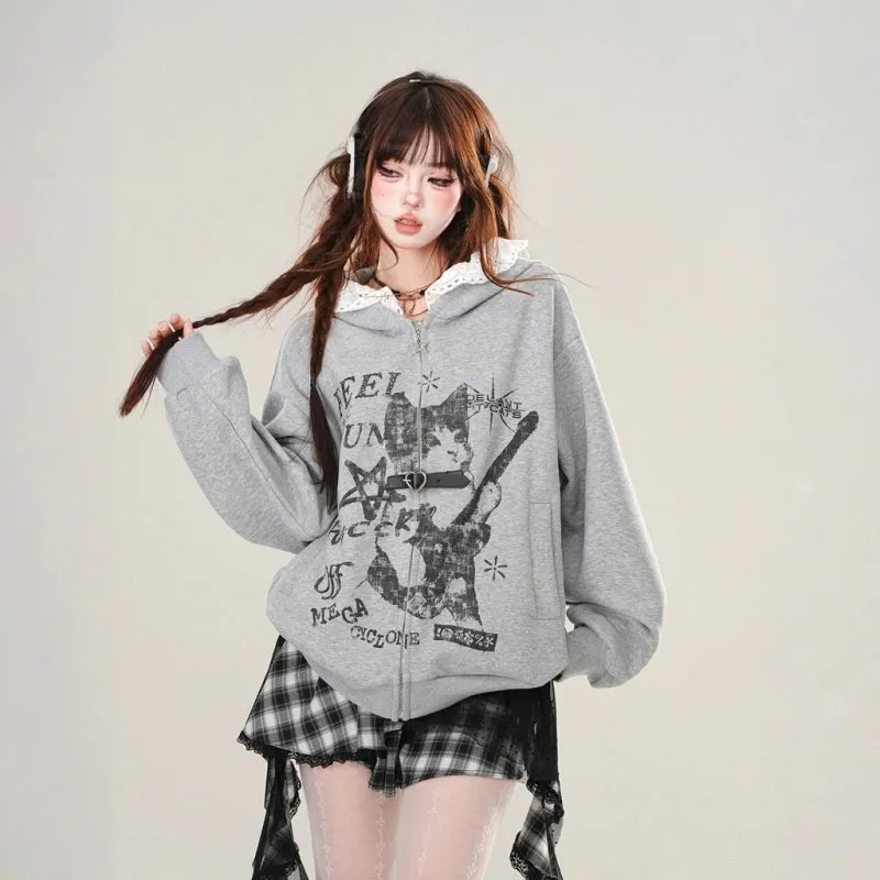 Korean Style Gray Cartoon Cat Hooded Sweatshirt