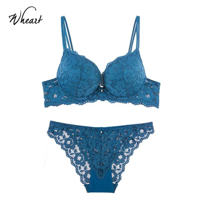 Lace Adjustable Straps Bralette Soft Panties Push Up Bra Set Cup A B C Wasteheart Women Fashion Purple Blue Underwear Lingerie