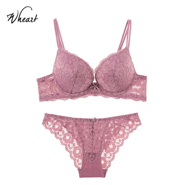 Lace Adjustable Straps Bralette Soft Panties Push Up Bra Set Cup A B C Wasteheart Women Fashion Purple Blue Underwear Lingerie
