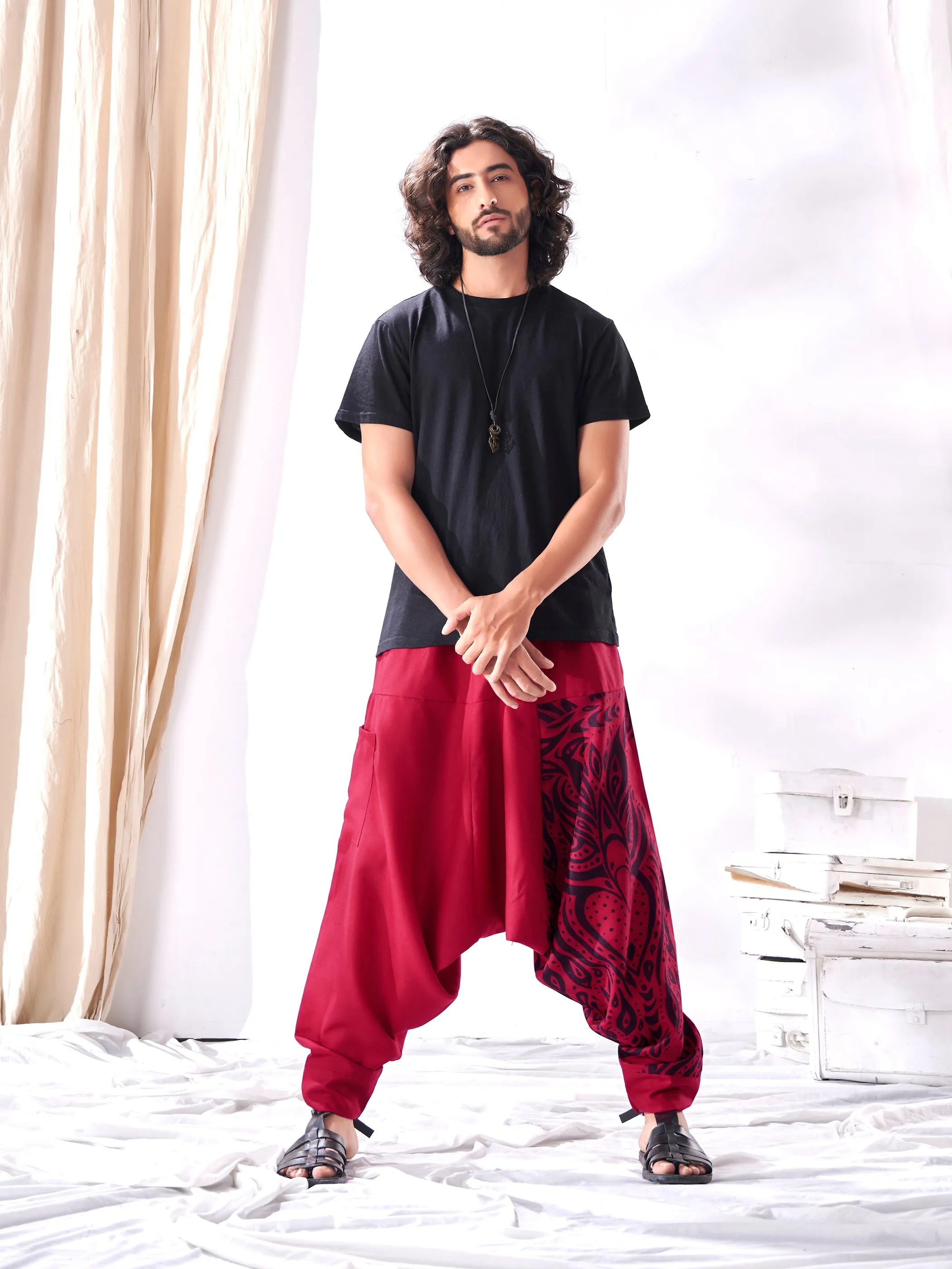 Men's Red Owl Bohemian Hippy Aladdin Balloon Harem Pants For Travel Yoga Dance