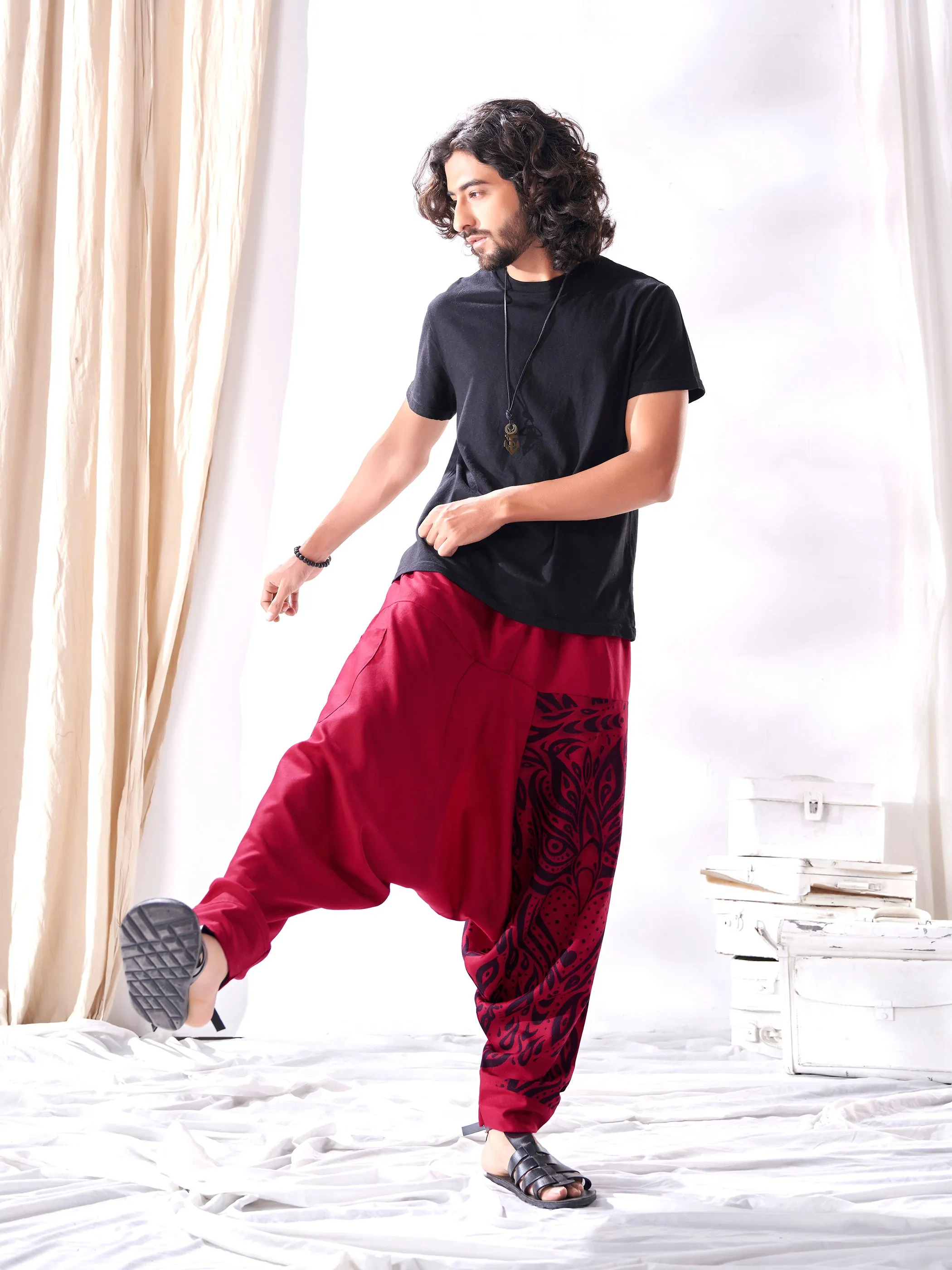 Men's Red Owl Bohemian Hippy Aladdin Balloon Harem Pants For Travel Yoga Dance