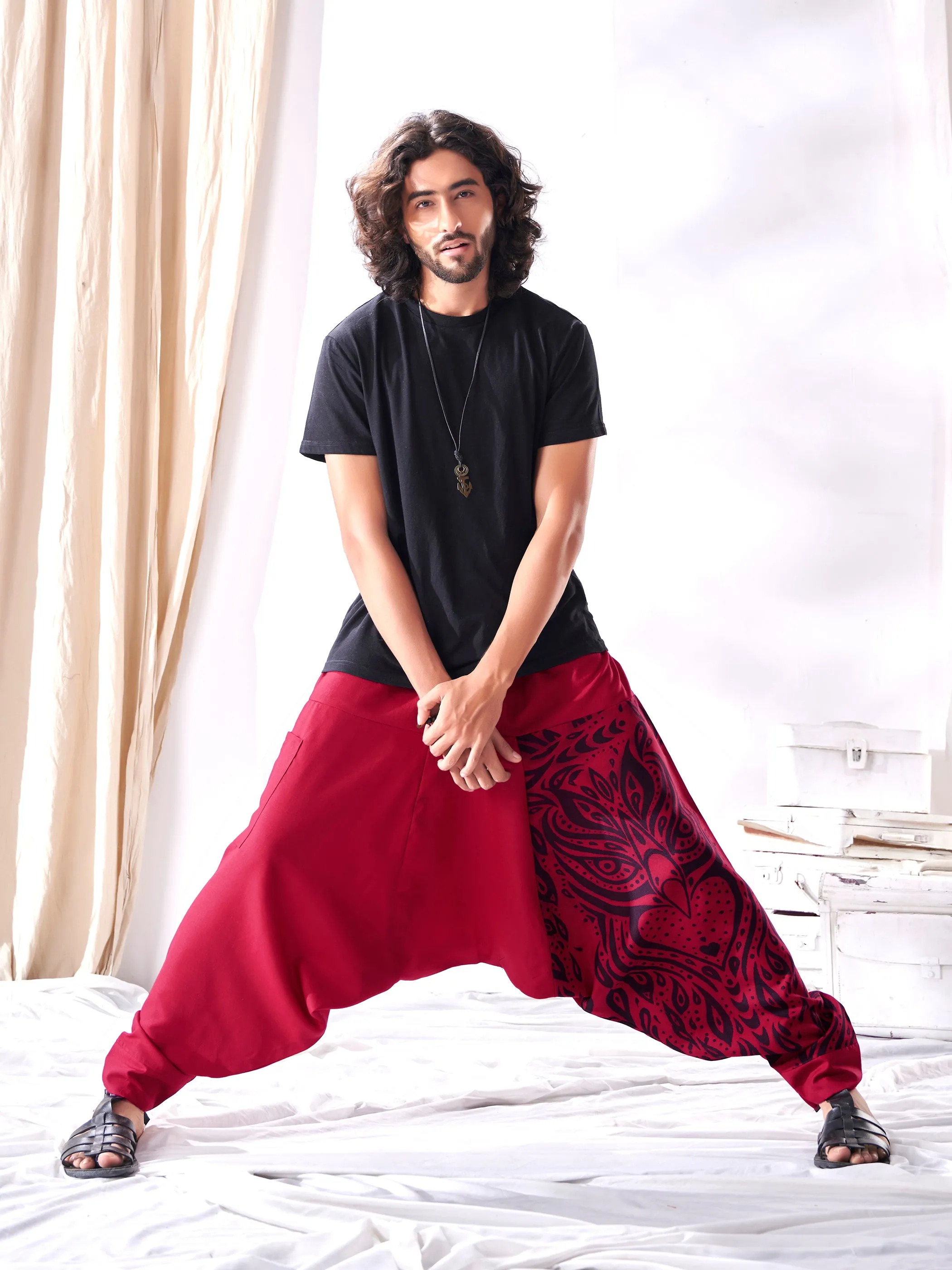 Men's Red Owl Bohemian Hippy Aladdin Balloon Harem Pants For Travel Yoga Dance