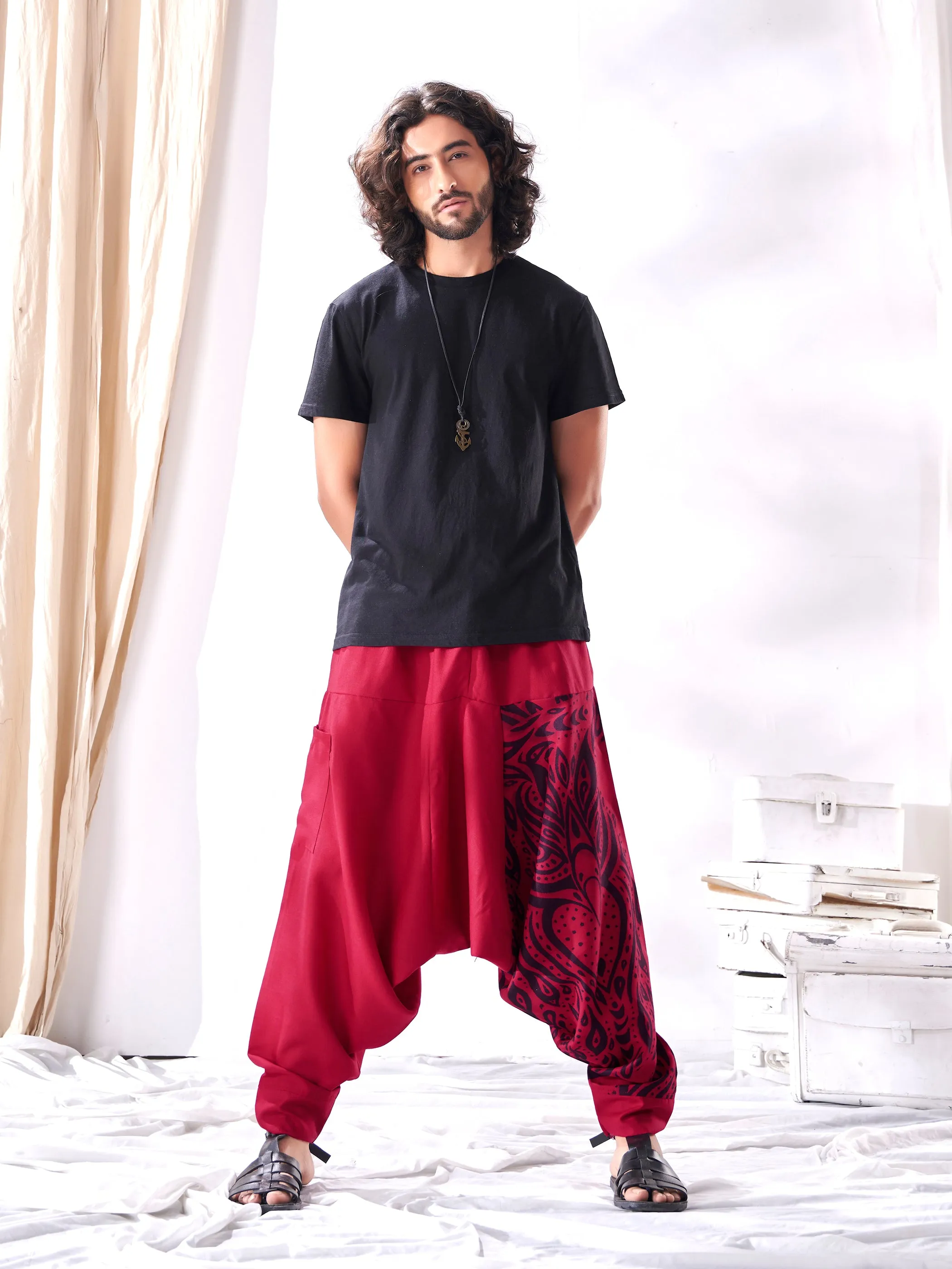 Men's Red Owl Bohemian Hippy Aladdin Balloon Harem Pants For Travel Yoga Dance