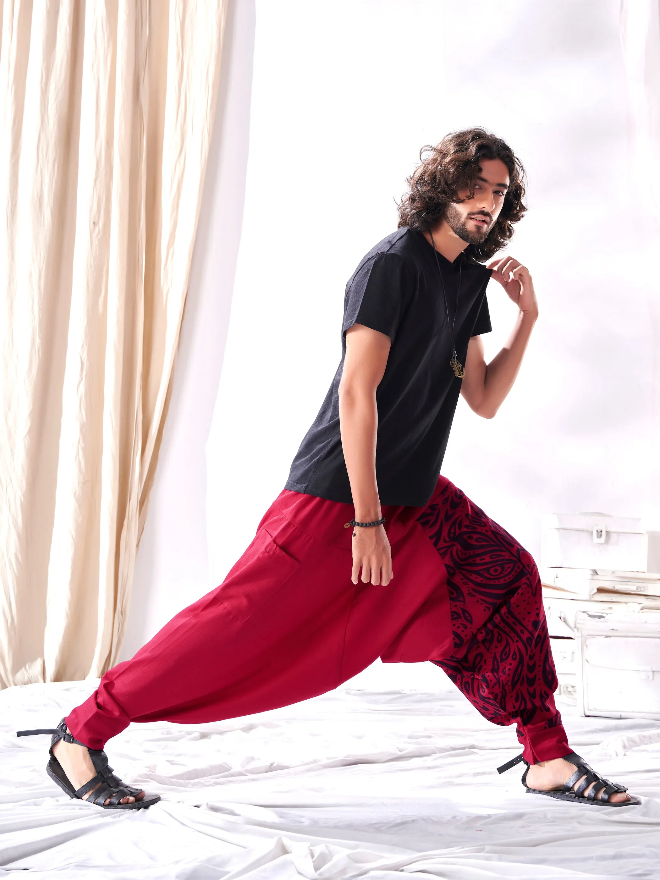 Men's Red Owl Bohemian Hippy Aladdin Balloon Harem Pants For Travel Yoga Dance