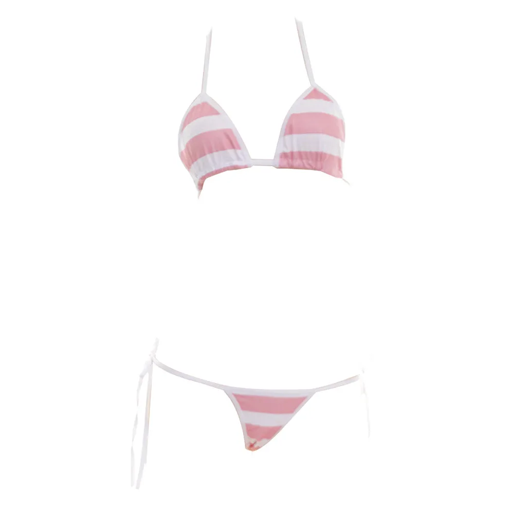 Micro Two Piece Bikini Set Cute Stripe Cosplay Lingerie Set Anime Babydoll Thong Bikini