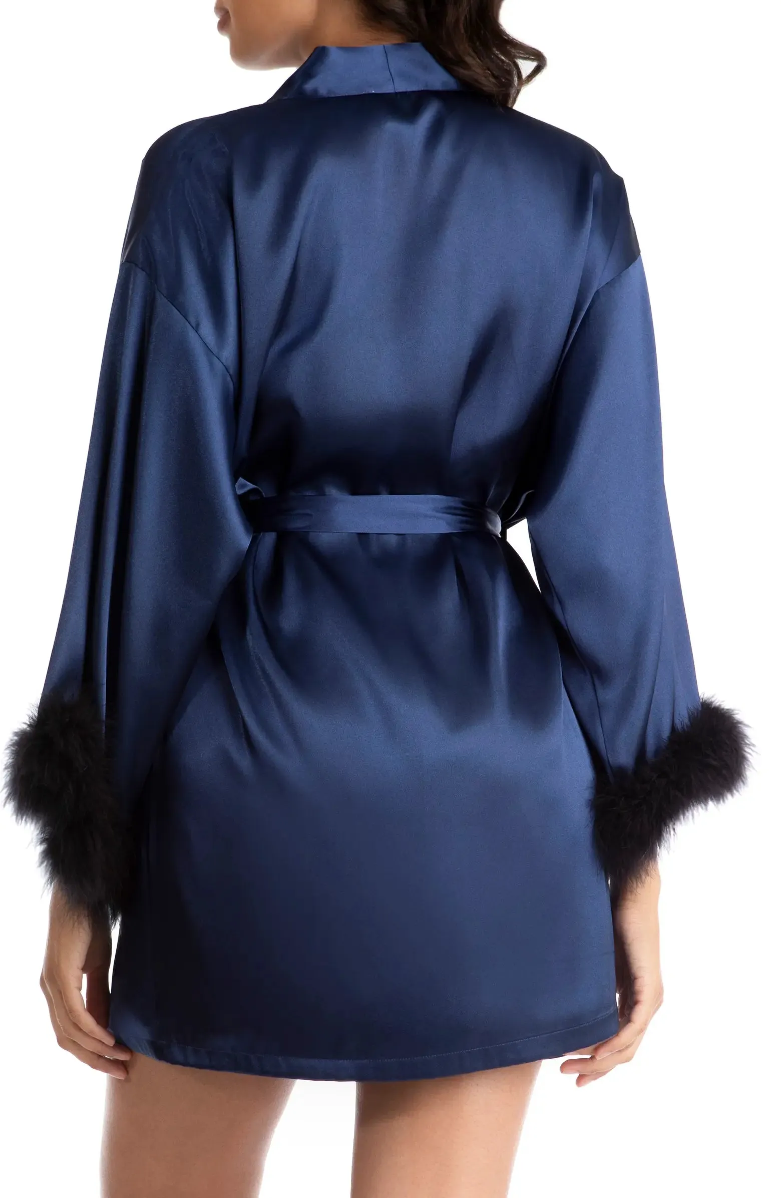NOELLE Feather Trim Wrap Robe in Bright Navy