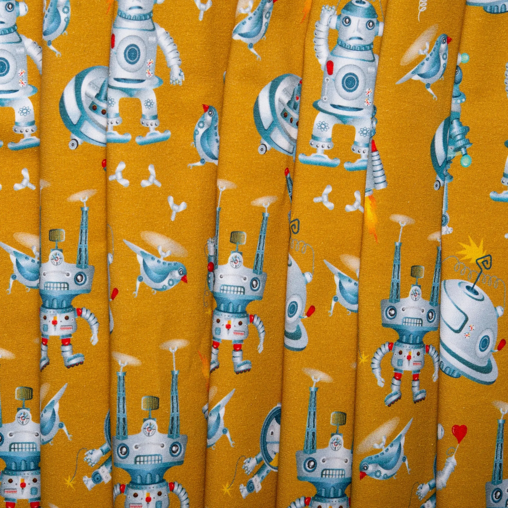 ORGANIC Printed Sweatshirt Fleece - GOTS - Robots - Topaz