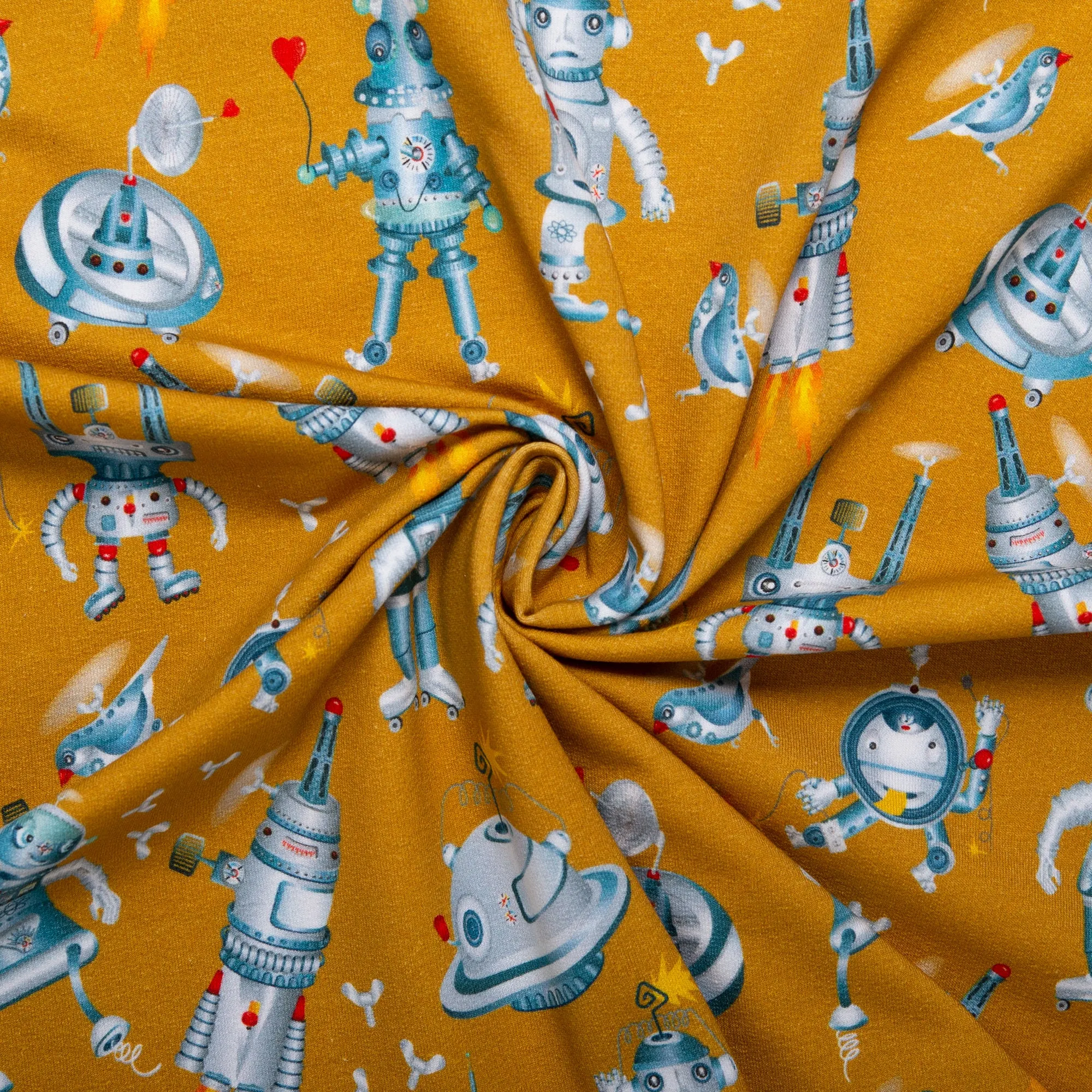 ORGANIC Printed Sweatshirt Fleece - GOTS - Robots - Topaz