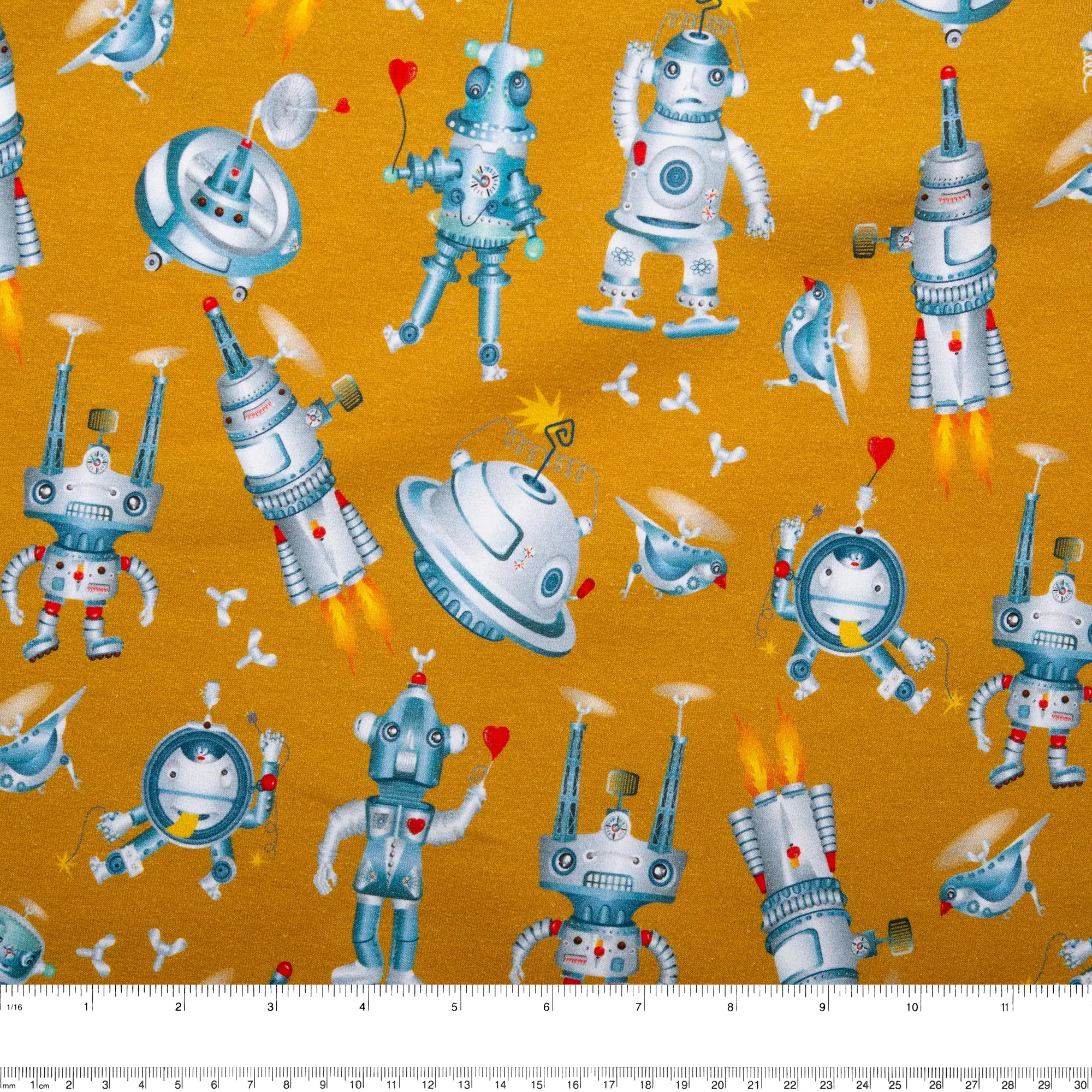 ORGANIC Printed Sweatshirt Fleece - GOTS - Robots - Topaz