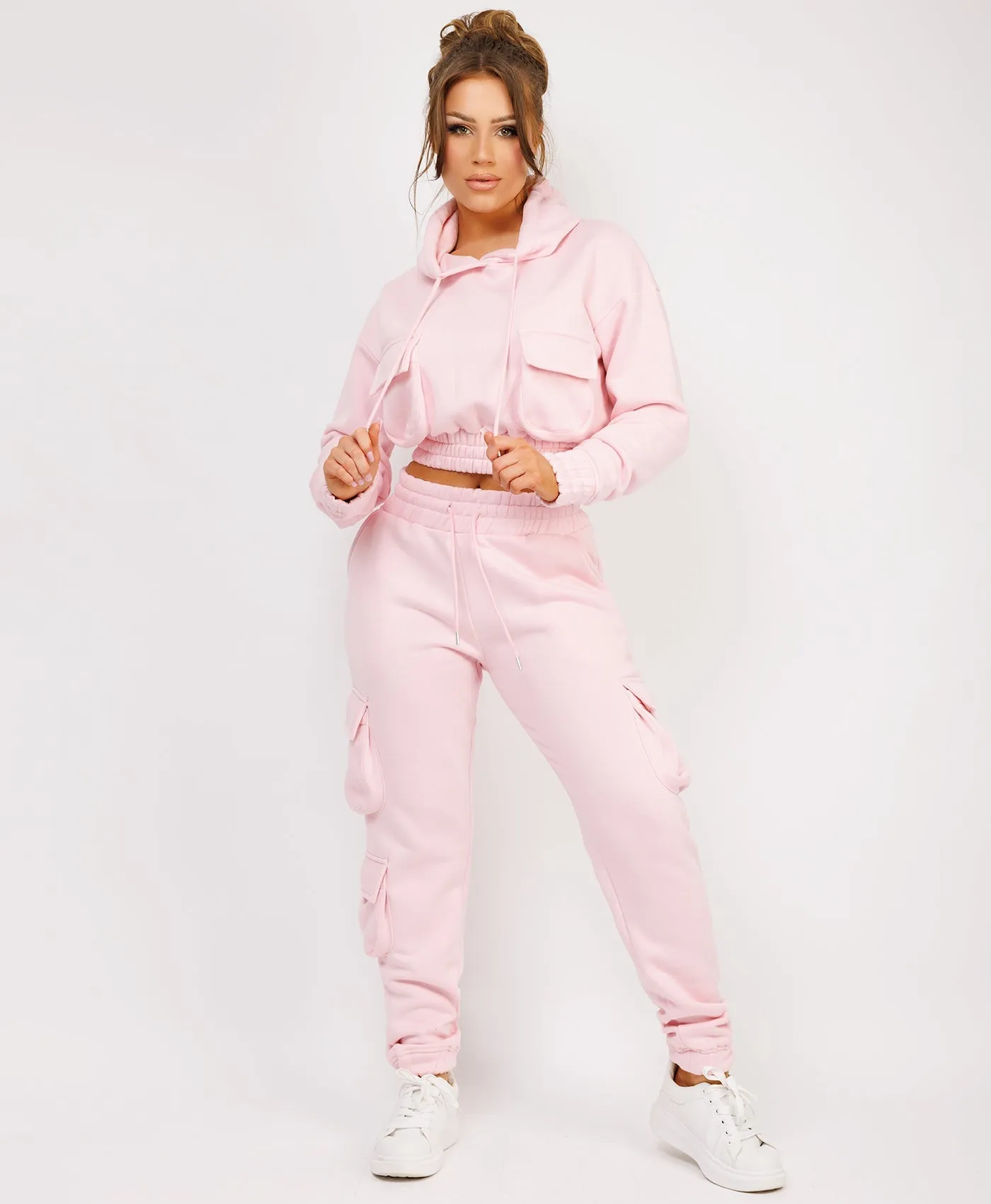 Pink Pocketed Cropped Hoodie & Cargo Tracksuit