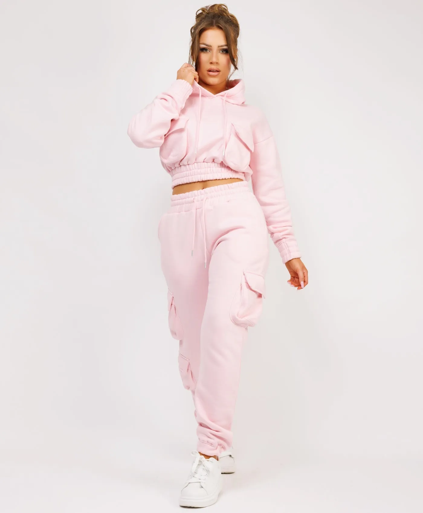 Pink Pocketed Cropped Hoodie & Cargo Tracksuit
