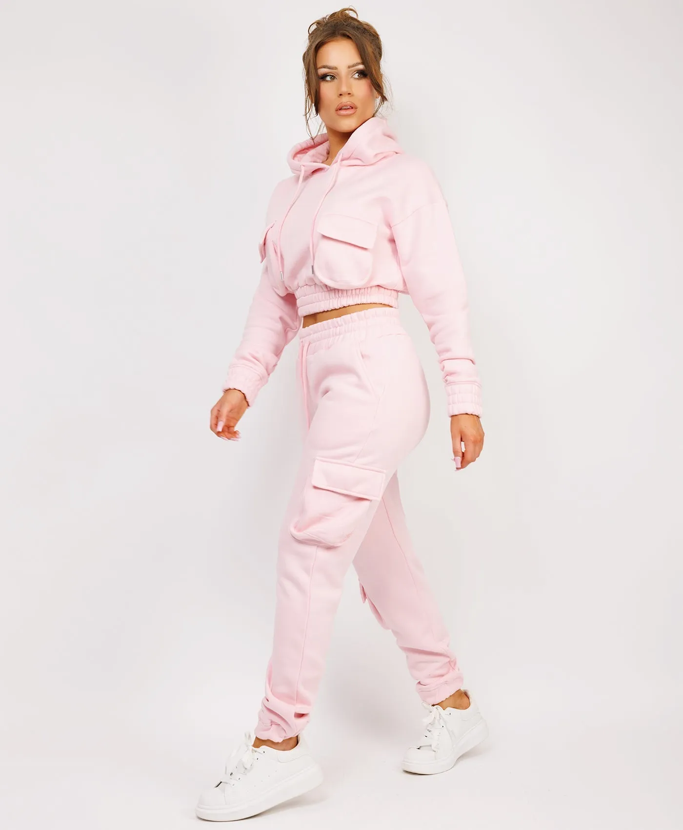 Pink Pocketed Cropped Hoodie & Cargo Tracksuit