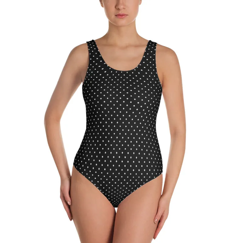 Polka Dots One-Piece Swimsuit, Women's White Black Dotted Swimsuit-Made in USA/EU