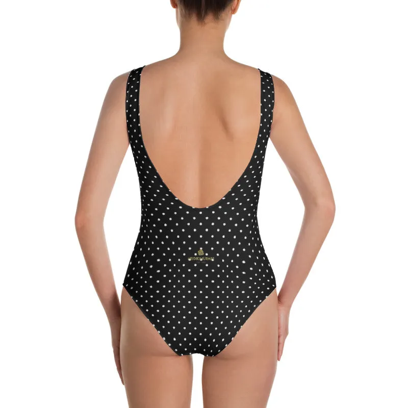 Polka Dots One-Piece Swimsuit, Women's White Black Dotted Swimsuit-Made in USA/EU