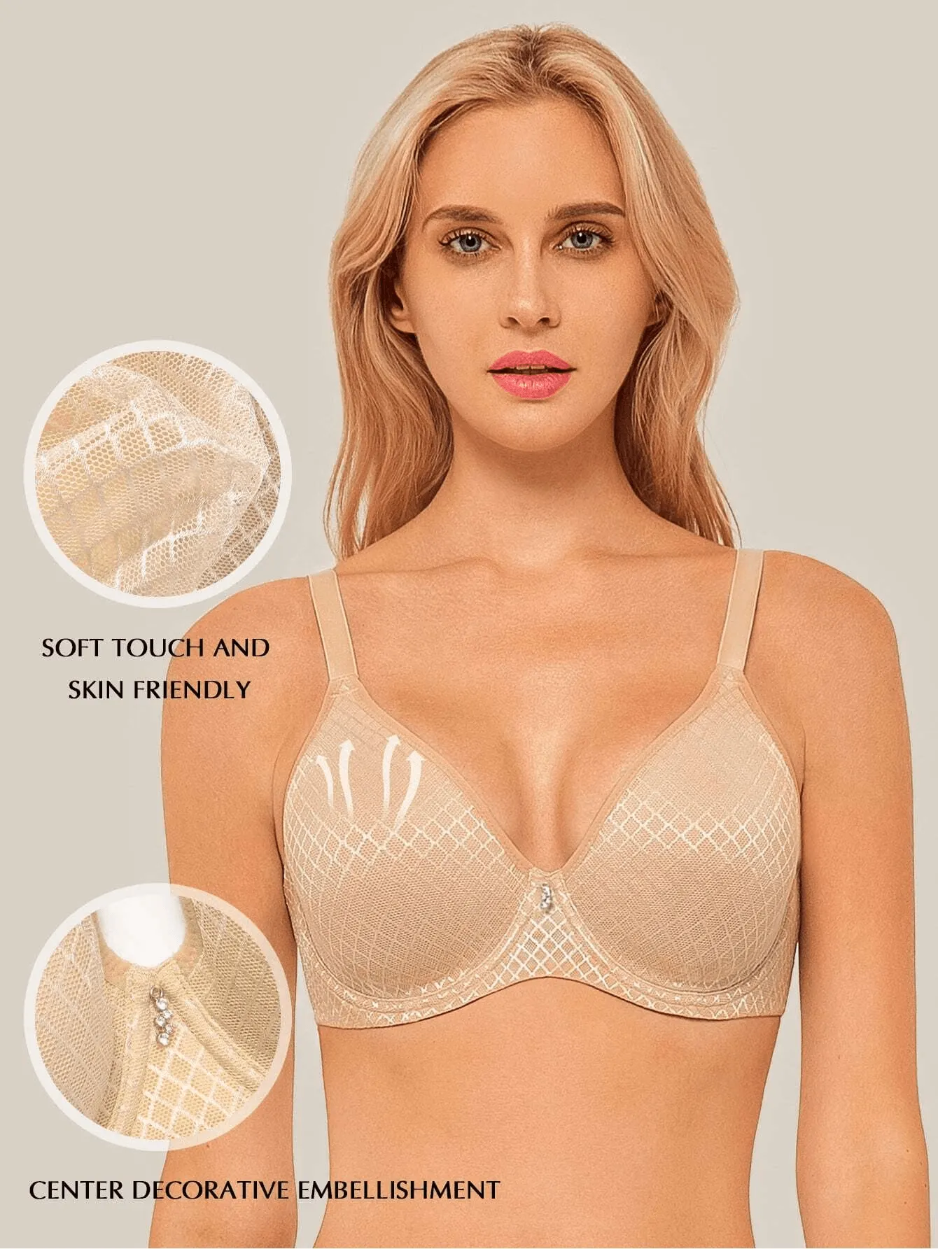 Push Up Temptation Underwired Plaid Breathable Bra Nude