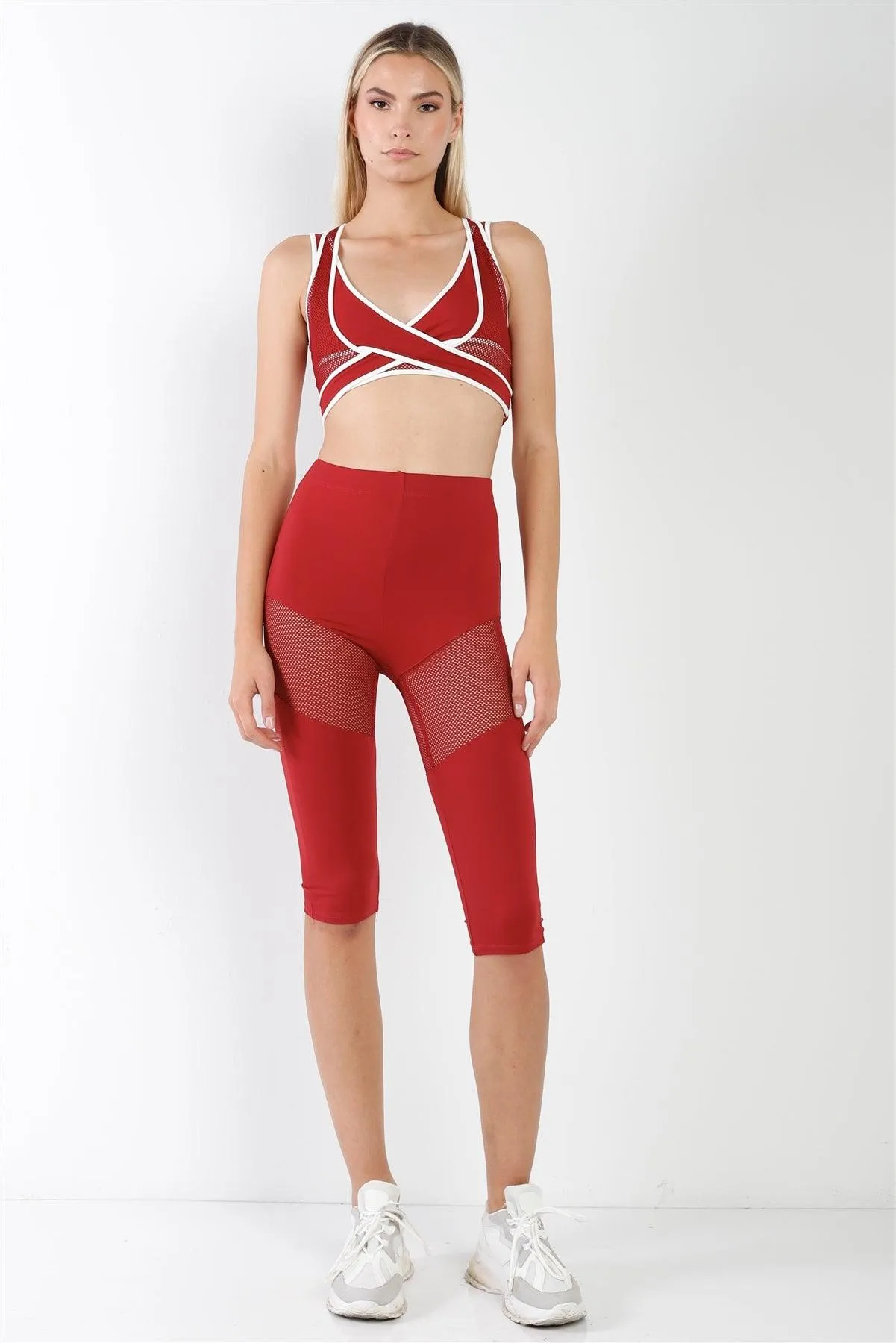 Red Combined Sheer Net Mesh Sleeveless Overlapping Racer Back Sports Bra Crop Top