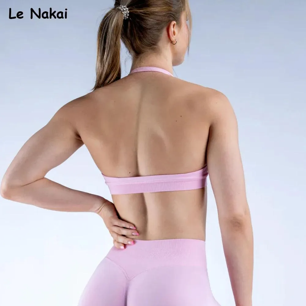 Seamless Halter Neck Sports Bra with Open Back for Women - Medium Support Workout & Yoga Crop Top