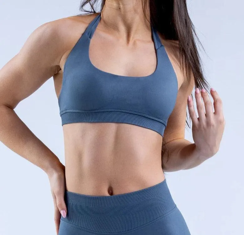 Seamless Halter Neck Sports Bra with Open Back for Women - Medium Support Workout & Yoga Crop Top