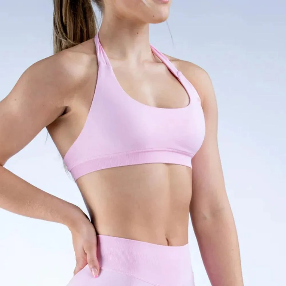 Seamless Halter Neck Sports Bra with Open Back for Women - Medium Support Workout & Yoga Crop Top