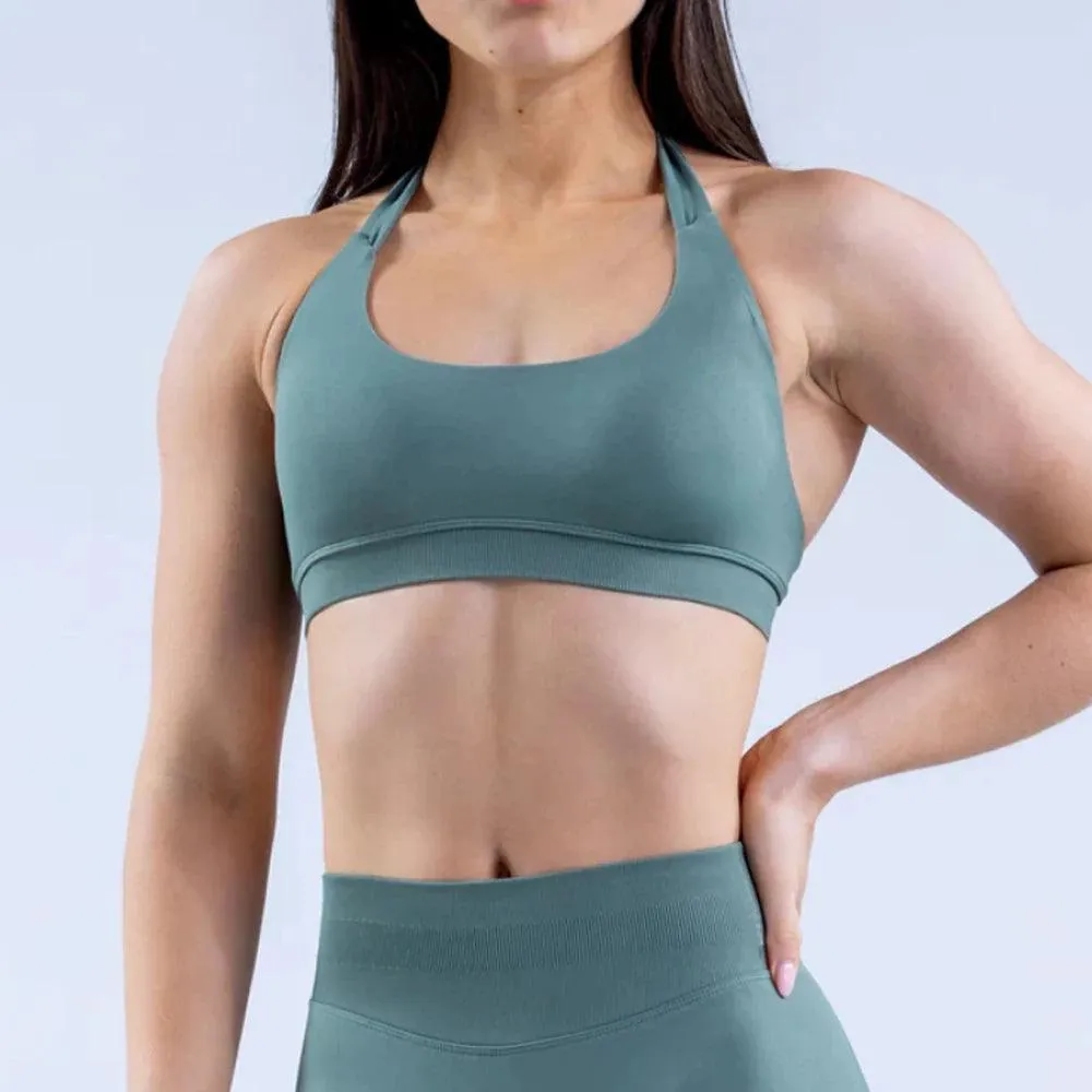 Seamless Halter Neck Sports Bra with Open Back for Women - Medium Support Workout & Yoga Crop Top