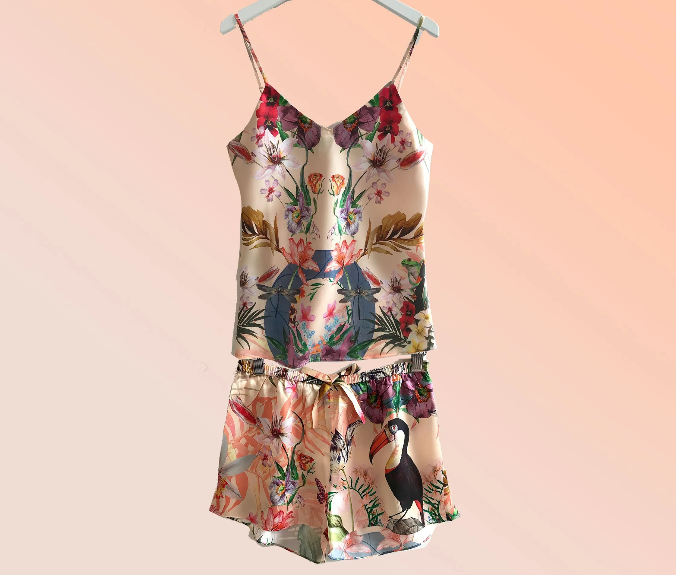 Silk Pyjamas- Set Cami and Shorts in 'Eden' Tropical Meadow Print, luxury lounge wear