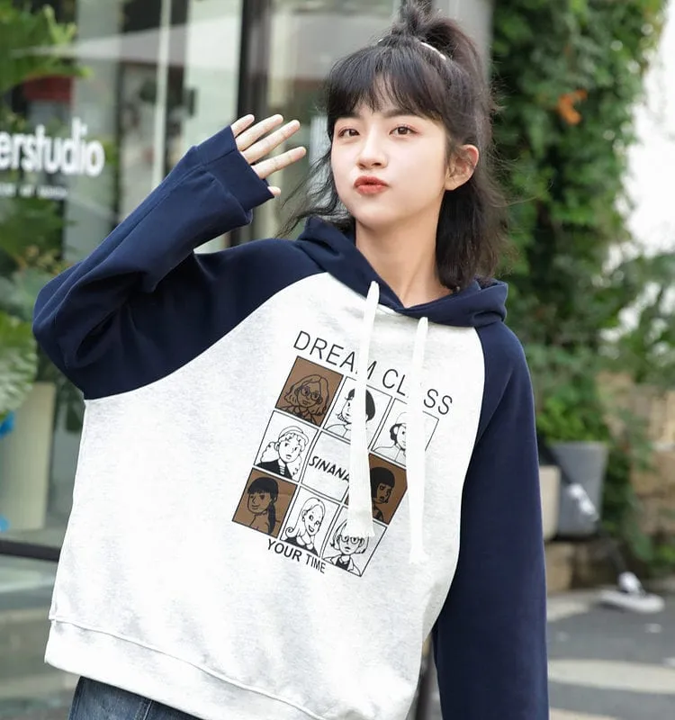 Soft Girl Style Contrast Stitching Color Hoodie