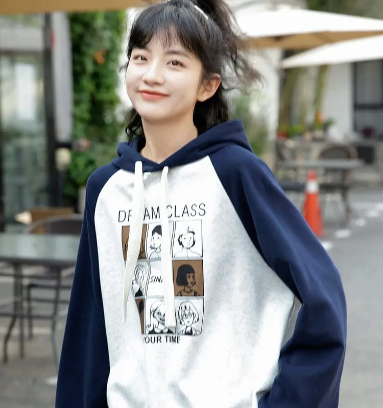 Soft Girl Style Contrast Stitching Color Hoodie