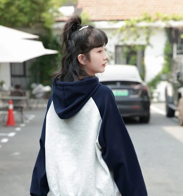 Soft Girl Style Contrast Stitching Color Hoodie