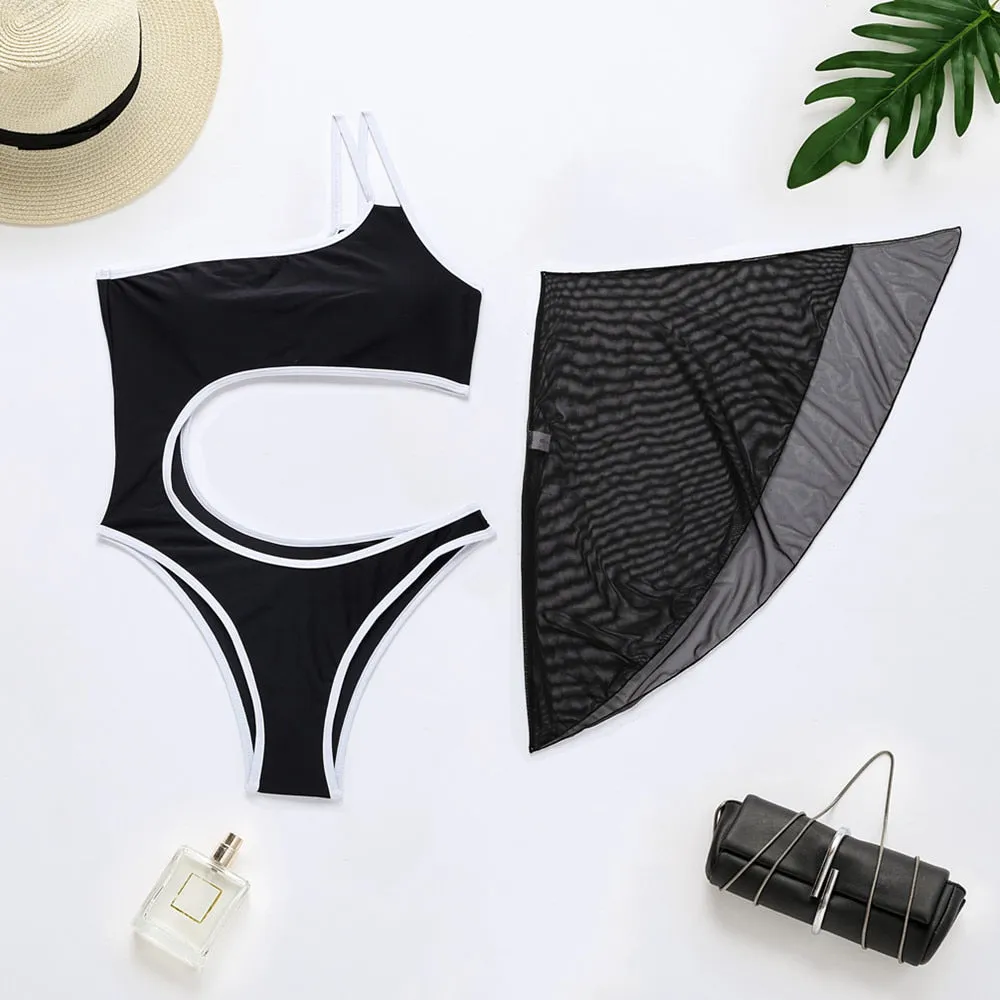 VenusFox One Piece Swimsuit Women 2020 One Shoulder with Cover Up Beach Skirt Sexy Swimwear Women Cut Out Swimming Suit for Women