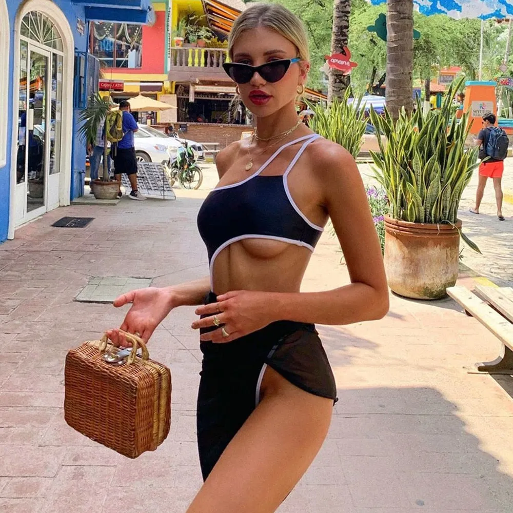 VenusFox One Piece Swimsuit Women 2020 One Shoulder with Cover Up Beach Skirt Sexy Swimwear Women Cut Out Swimming Suit for Women