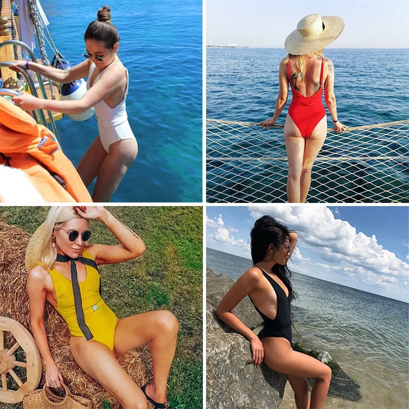 VenusFox Swimsuit One Piece High Cut Women's Swimsuit 2021 Ribbed Bodysuit Solid Backless Bathing Suits Sexy Belted Beachwear