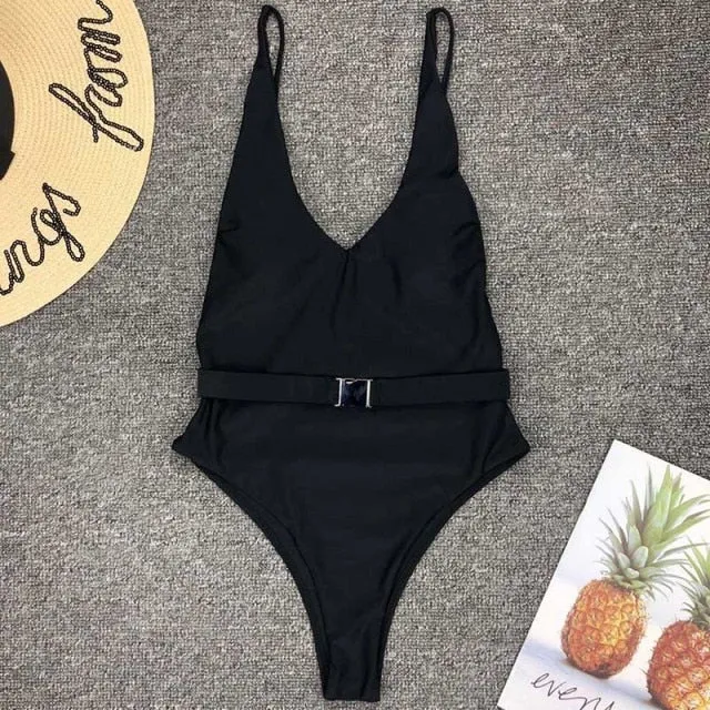 VenusFox Swimsuit One Piece High Cut Women's Swimsuit 2021 Ribbed Bodysuit Solid Backless Bathing Suits Sexy Belted Beachwear