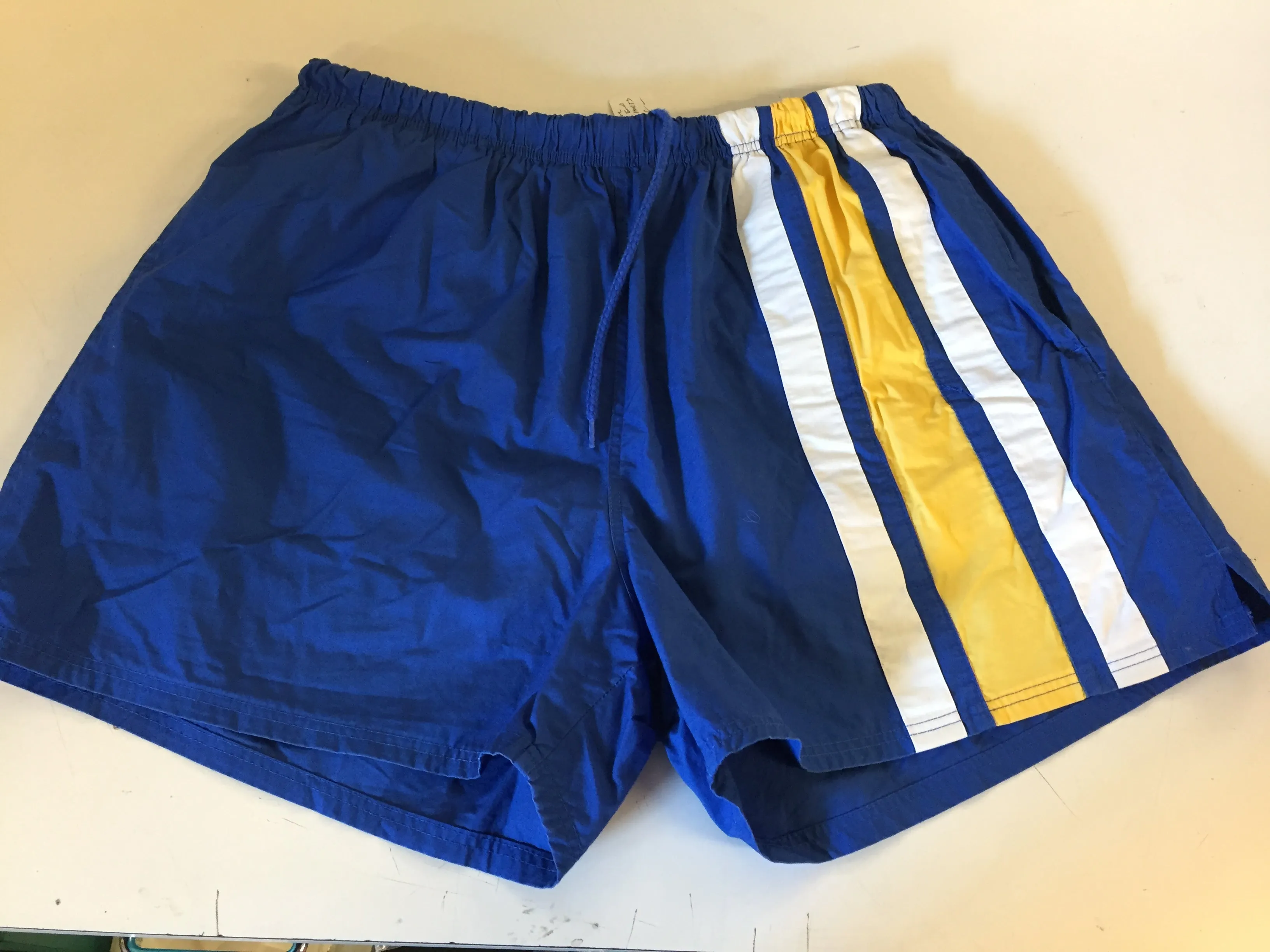 Vintage 1980's Lands End Swim Trunks Blue Yellow Stripe Retro