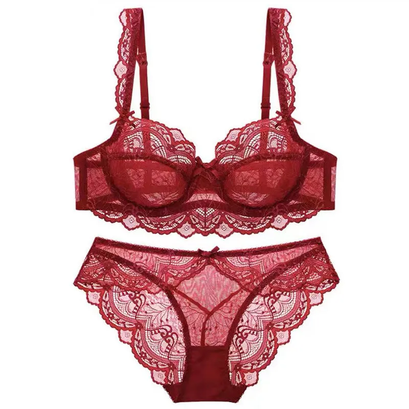 Women lace underwear Complete Set of Red Thin Bra Pure Desire Push-up Large Size Bra