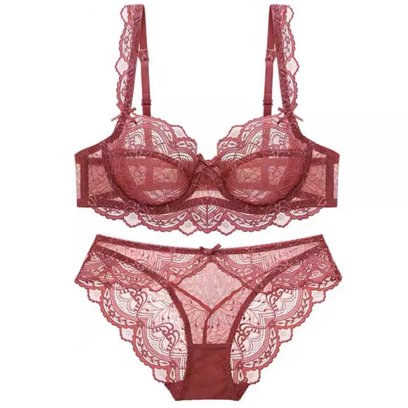 Women lace underwear Complete Set of Red Thin Bra Pure Desire Push-up Large Size Bra